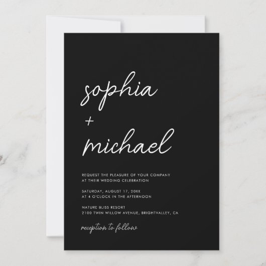 Modern Minimalist Script Black Wedding Kaart (Voorkant)