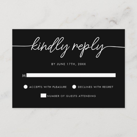 Modern Minimalist Script Black Wedding RSVP Kaartje (Voorkant)