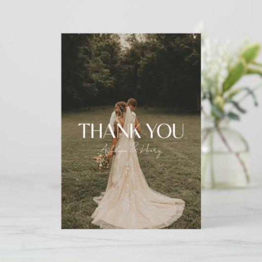 Modern Minimalist Script Names 2-Photo Wedding Bedankkaart (Staand voorkant)