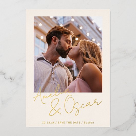 Modern Minimalist Script Photo Save the Date Gold Folie Uitnodiging (Voorkant)
