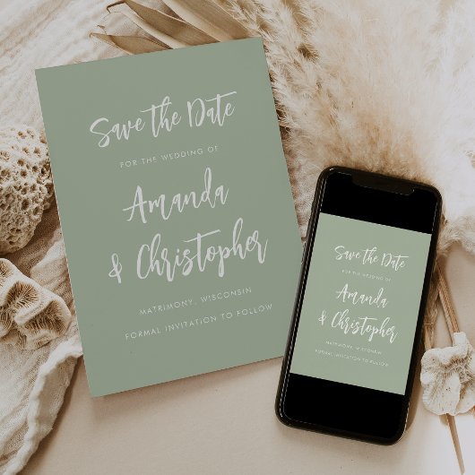 Modern Minimalist Script Sage Green Save the Date Aankondiging