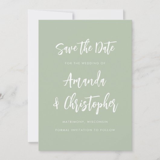 Modern Minimalist Script Sage Green Save the Date Aankondiging (Voorkant)