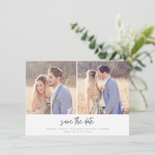 Modern Minimalist Script Simple Photo Wedding Save The Date (Staand voorkant)