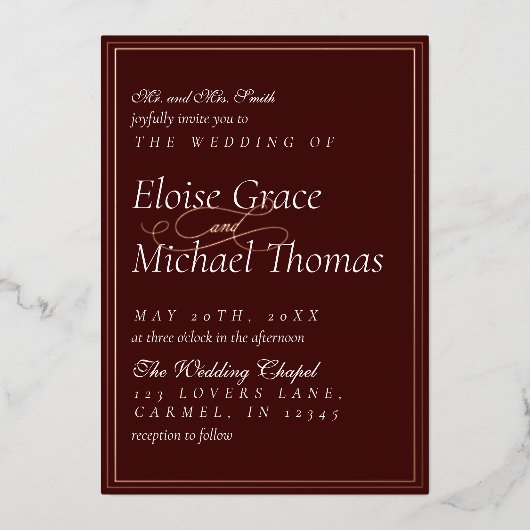 Modern Minimalist Script Vineyard Red Wedding Folie Uitnodiging (Voorkant)