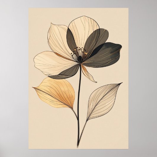 Modern Minimalist Sheer Beige & Gold Floral Botani Poster (Voorkant)