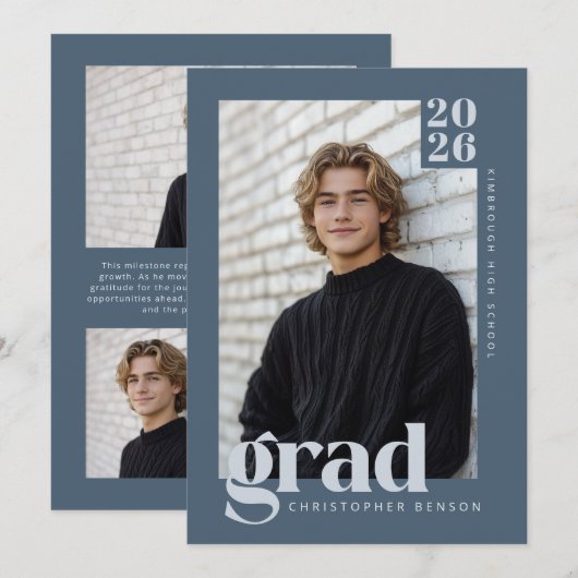 Modern Minimalist Slate Blue Grey Photo Graduation Kaart (Voorkant / Achterkant)