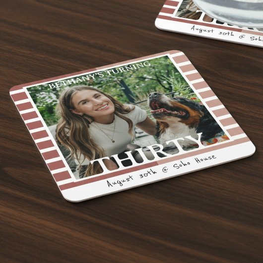 Modern Minimalist Striped 30th Birthday Photo Kartonnen Onderzetters