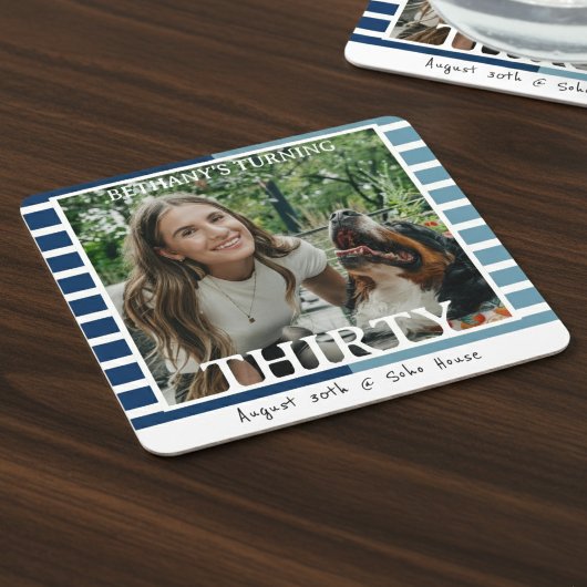 Modern Minimalist Striped 30th Birthday Photo Kartonnen Onderzetters
