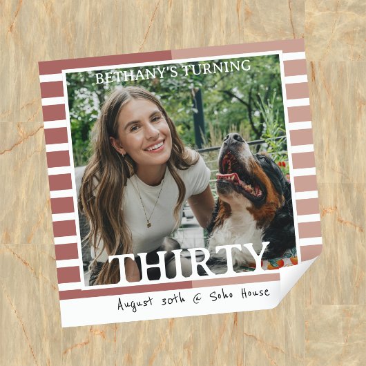 Modern Minimalist Striped 30th Birthday Photo Vierkante Sticker