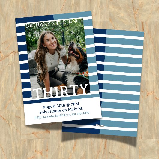 Modern Minimalist Striped Thirtieth Birthday Photo Kaart