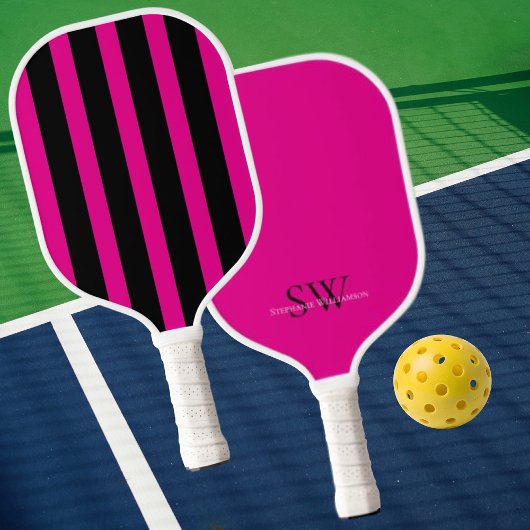 Modern Minimalist Stripes Hot Pink Black Custom Pickleball Paddle