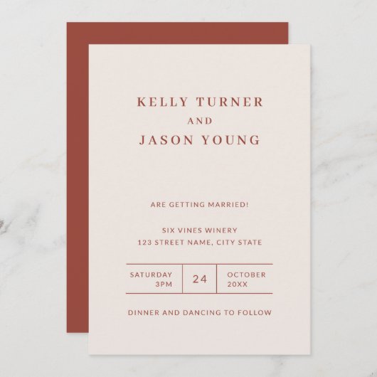 Modern minimalist Terracotta Fall Wedding Invitati Kaart (Voorkant / Achterkant)