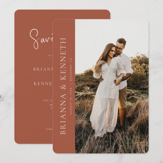 Modern Minimalist Terracotta Photo Save the Date Kaart (Voorkant / Achterkant)