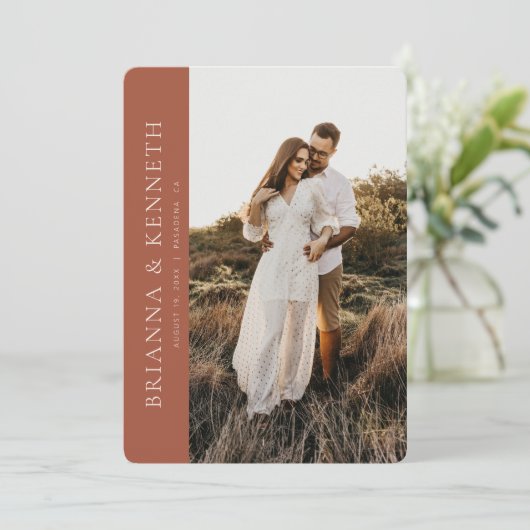 Modern Minimalist Terracotta Photo Save the Date Kaart (Staand voorkant)