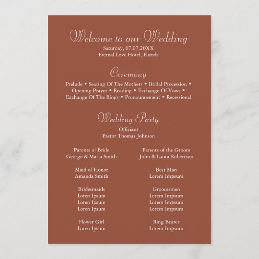 Modern minimalist Terracotta Wedding Programme Programmakaart (Achterkant)