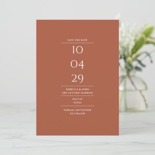 Modern minimalist Terracotta Wedding Save The Date (Staand voorkant)
