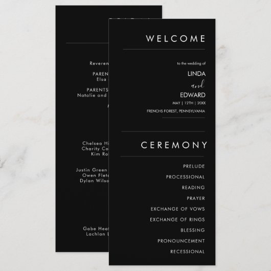 Modern Minimalist Traditional  Black Wedding Programmakaart (Voorkant / Achterkant)
