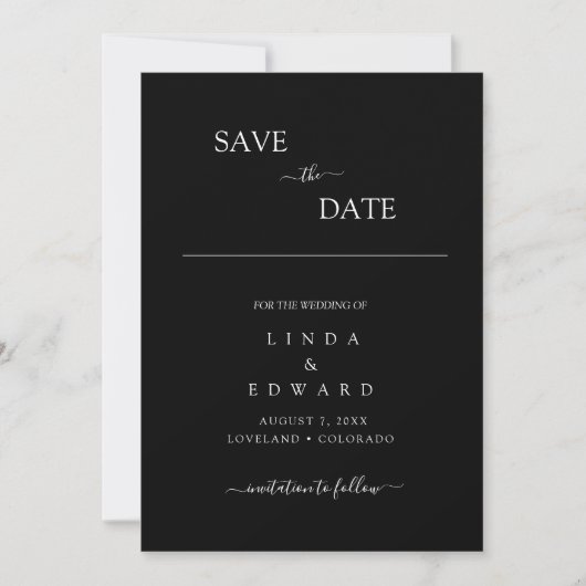 Modern Minimalist Traditional  Black Wedding Save The Date (Voorkant)