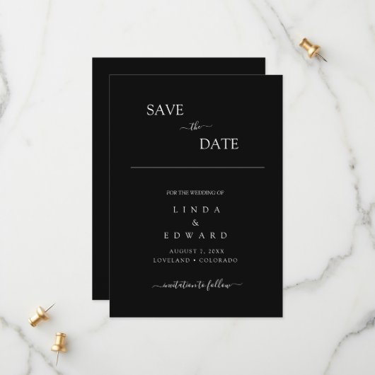 Modern Minimalist Traditional  Black Wedding Save The Date (Voorkant / Achterkant in situ)