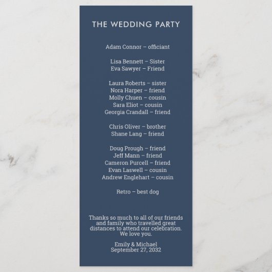 Modern minimalist Typografie Navy Blue Gray Programmakaart (Achterkant)