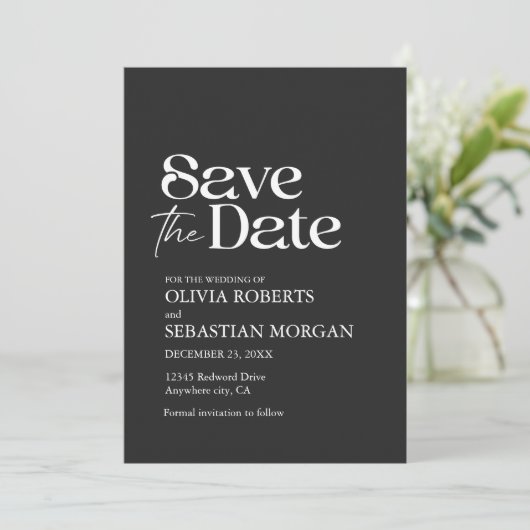 Modern minimalist Typography Black Wedding Save The Date (Staand voorkant)