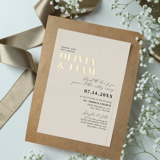 Modern minimalist Typography Wedding Taupe Gold Folie Uitnodiging