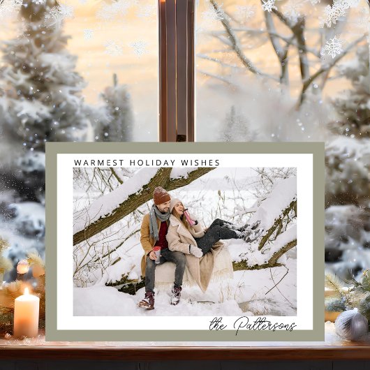 Modern Minimalist Warm Sage Green Photo Christmas Feestdagenkaart