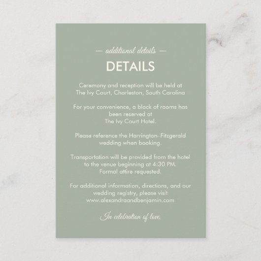 Modern Minimalist Wedding | Sage Green Timeless  Informatiekaartje (Voorkant)