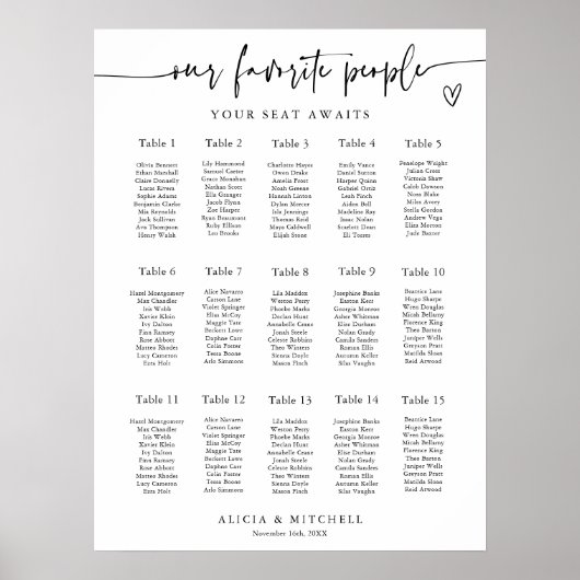 Modern Minimalist Wedding Seating Chart 15 Tables Poster (Voorkant)