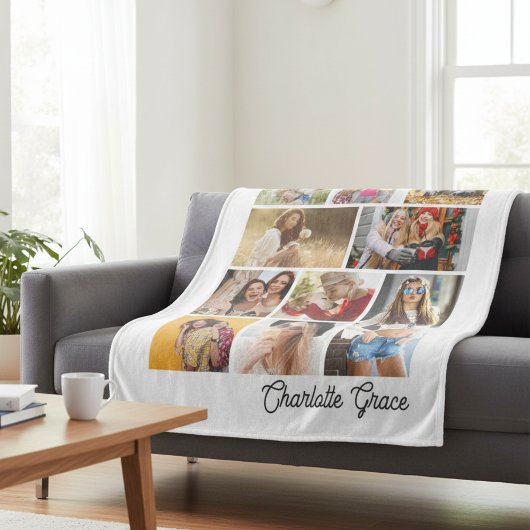 Modern Minimalist White 10 Photo Collage With Name Fleece Deken
