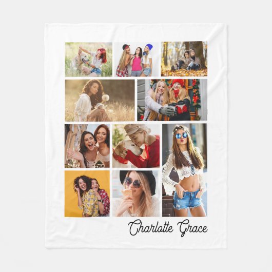 Modern Minimalist White 10 Photo Collage With Name Fleece Deken (Voorkant)