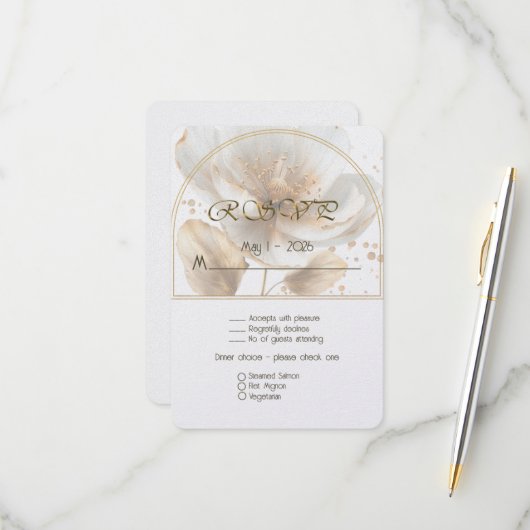 Modern Minimalist White and Gold Wedding RSVP Kaartje (Voorkant / Achterkant in situ)