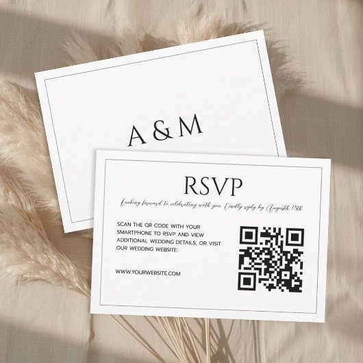 Modern minimalist white black wedding  RSVP kaartje