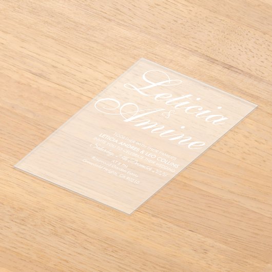 Modern Minimalist White Typographic Wedding Acryl Uitnodigingen (Laagn)