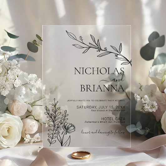 Modern Minimalist White Wildflower Wedding Acryl Uitnodigingen