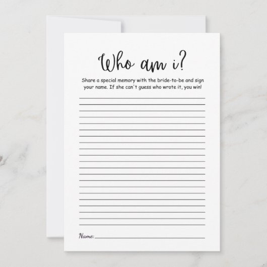 Modern Minimalist Who am i Bridal shower Game card (Voorkant)