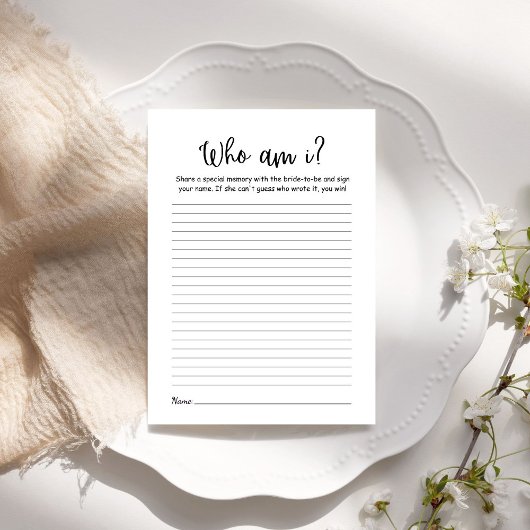 Modern Minimalist Who am i Bridal shower Game card