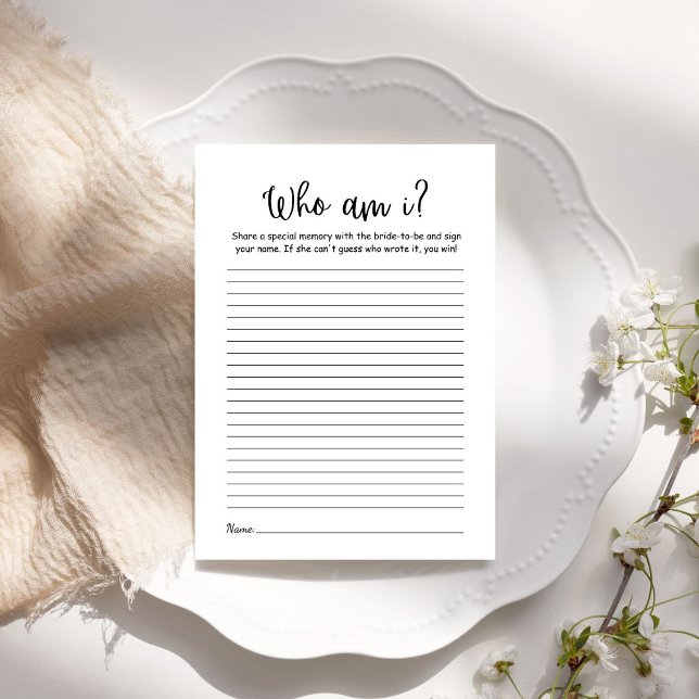 Modern Minimalist Who am i Bridal shower Game card (Creator heeft geüpload)