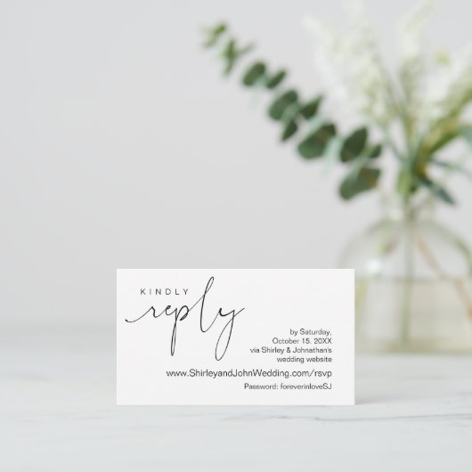 Modern minimalist, zwart script, online RSVP Informatiekaartje (Staand voorkant)