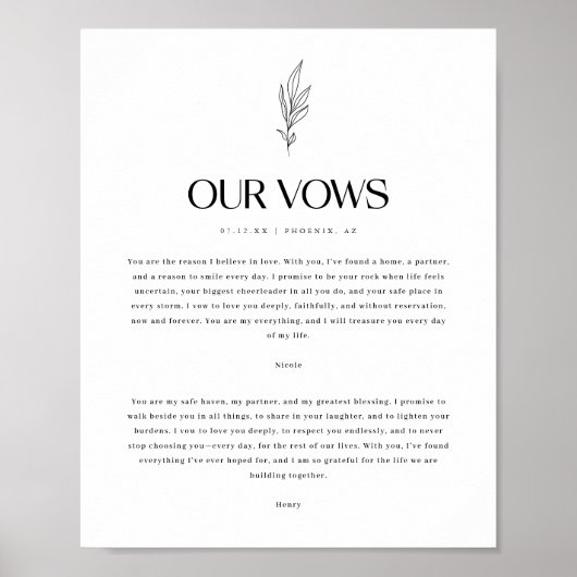 Modern Minimalistic Floral Custom Wedding Vows Poster (Voorkant)