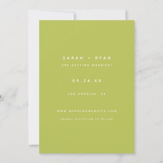 Modern Minimalistic Photo Lime Green Wedding Save The Date (Achterkant)