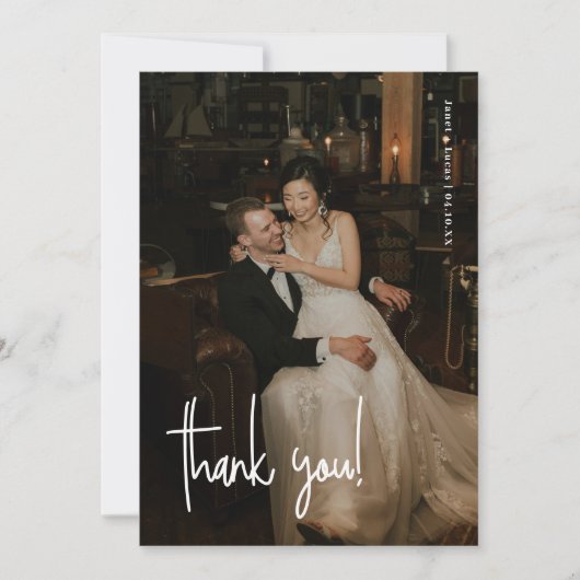Modern Minimalistic Script Full Photo Wedding Bedankkaart (Voorkant)