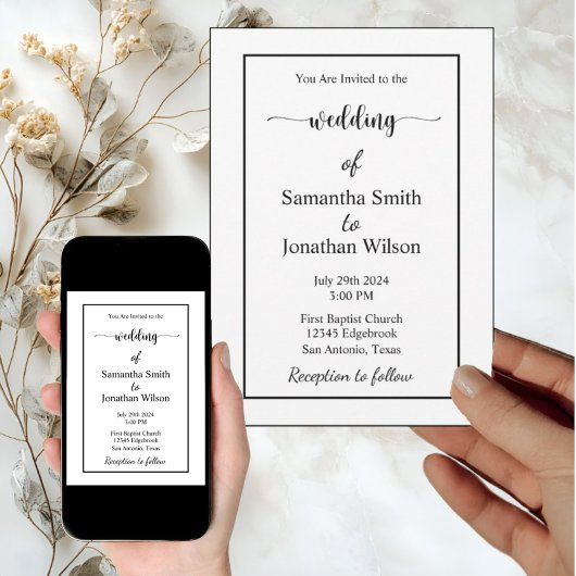 Modern Minimalistic White on Black Wedding Kaart