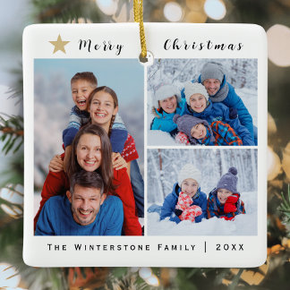 Modern Minimalistisch 3 Foto Collage Vrolijk Kerst Keramisch Ornament