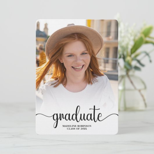 Modern minimalistisch 4-foto script chic Afstudere Kaart (Staand voorkant)