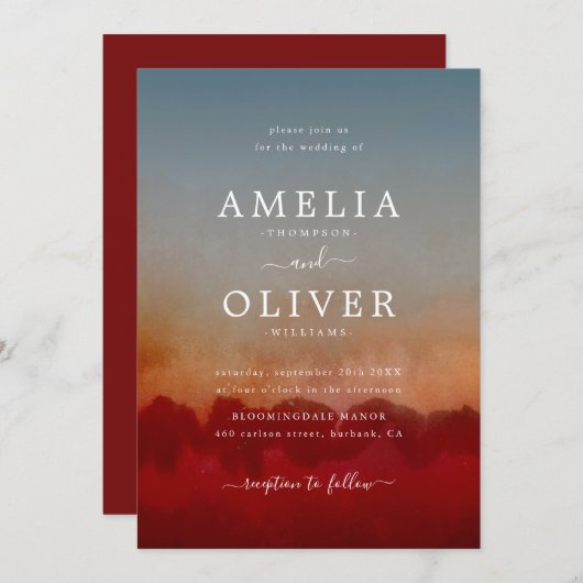 Modern minimalistisch Abstract Rood en Blauw huwel Kaart (Voorkant / Achterkant)