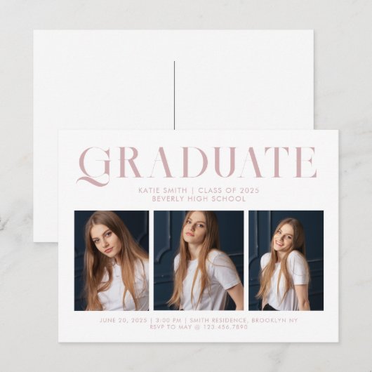 Modern minimalistisch Afstuderen drie foto Uitnodiging Briefkaart (Voorkant / Achterkant)