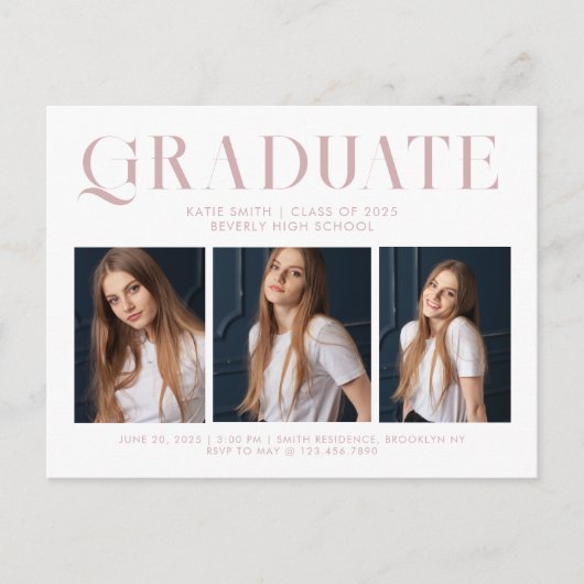 Modern minimalistisch Afstuderen drie foto Uitnodiging Briefkaart (Voorkant)