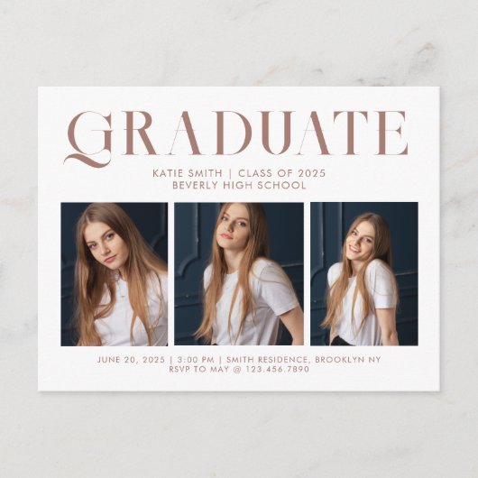 Modern minimalistisch Afstuderen drie foto Uitnodiging Briefkaart (Voorkant)