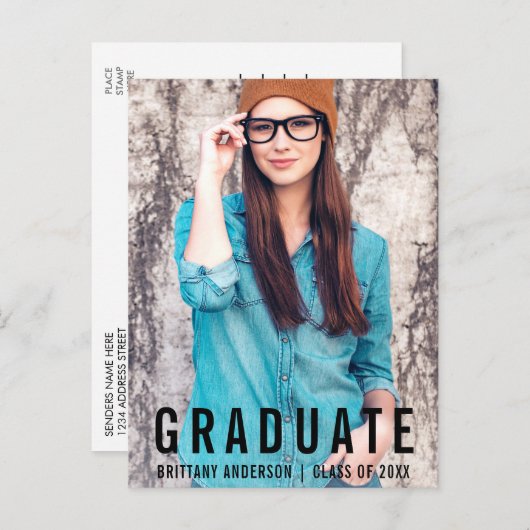 Modern minimalistisch Afstuderen Foto Party nodigt Uitnodiging Briefkaart (Voorkant / Achterkant)